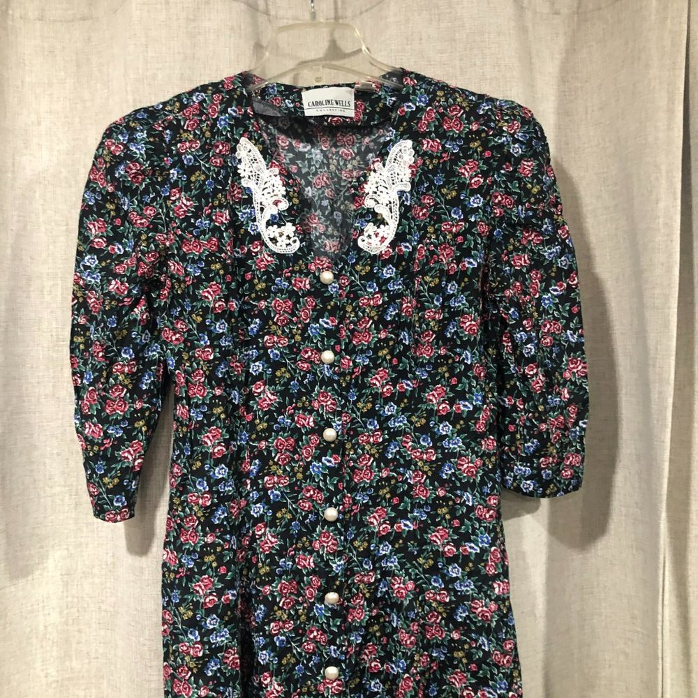 Caroline Wells vintage floral dress cottagecore / romantic button front - Picture 2 of 5